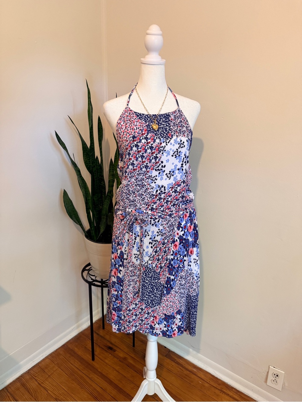 Copper Key Patchwork Floral Halter Dress Blue Pink High-Low Midi Womens Medium